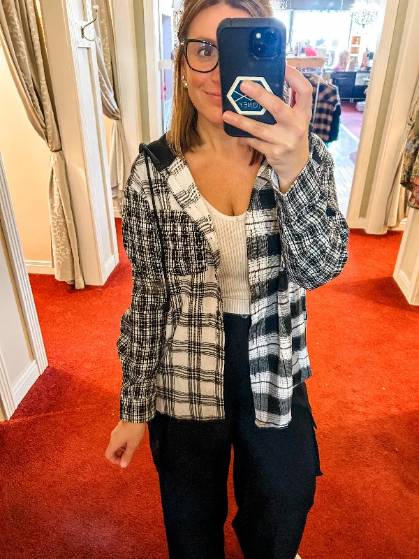 Black Hooded Plaid Top