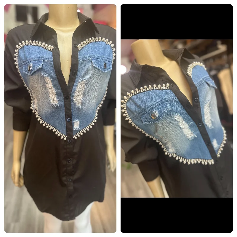 Rhinestone, Denim & Pearl Heart Top