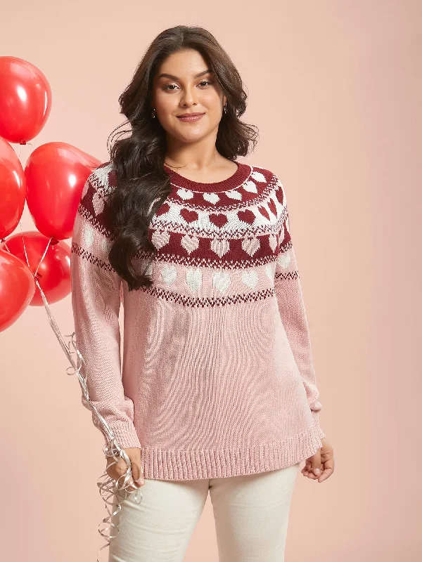 Round Neck Heart Jacquard Ribbed Pullover