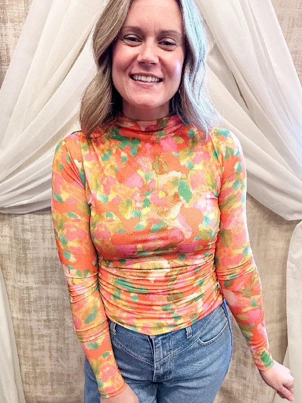 Orange Floral Turtleneck Top