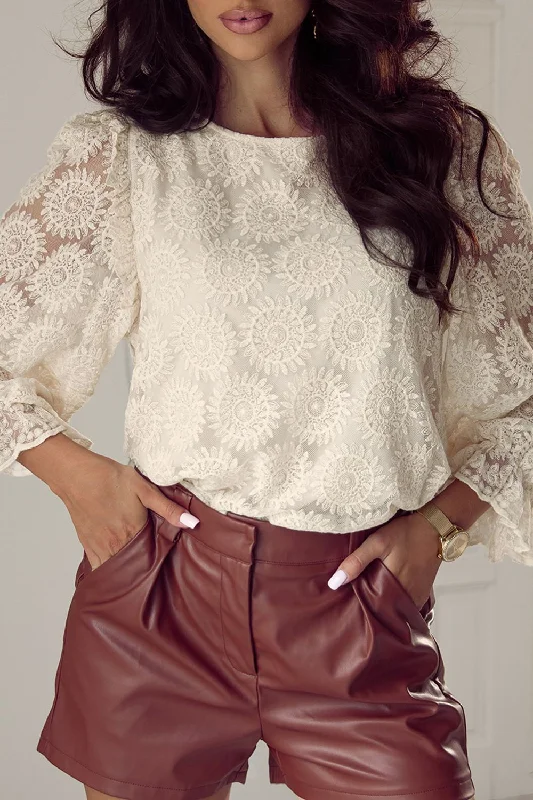 Flower Jacquard Flounce Sleeve Blouse | Casual Tops