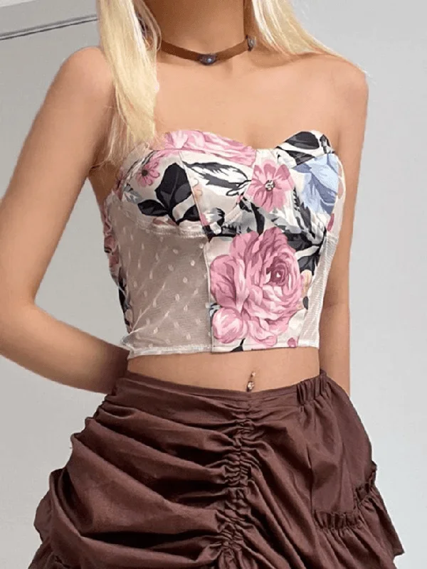 BerryBetty - Mesh Floral Print Bandeau Crop Top