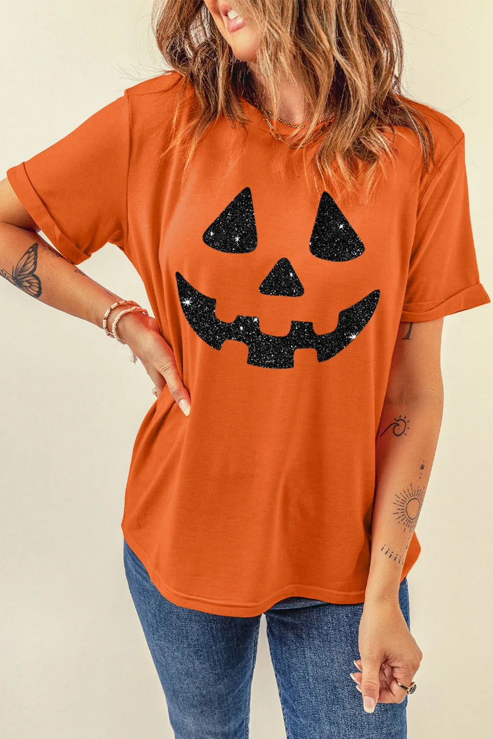 Halloween Glitter Round Neck Short Sleeve T-Shirt