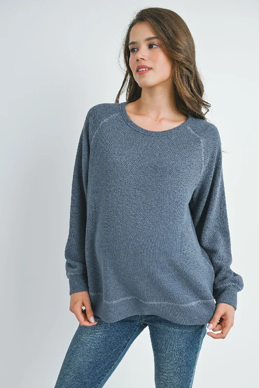 Casual Long Sleeve Seersucker Knit Loose Pullover Maternity Top