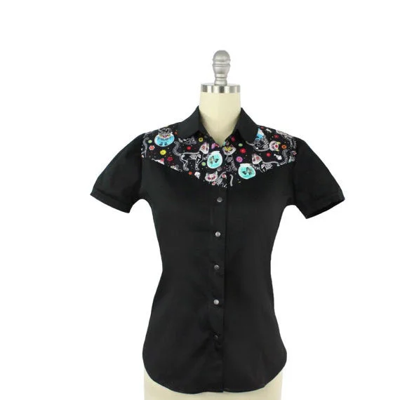 Rockabilly Kitty Kat Top With Snaps XS-4XL #KS-103