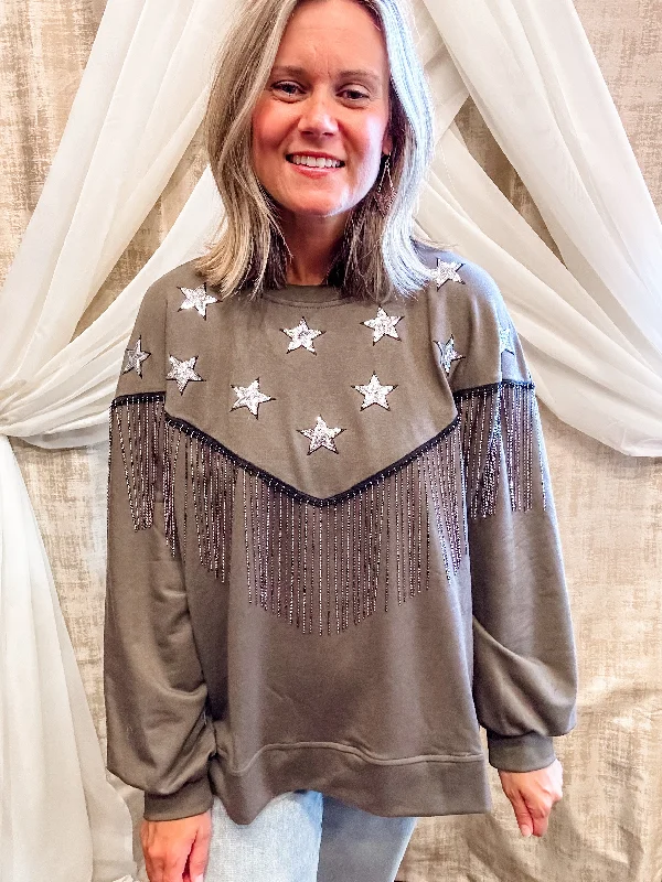 Grey Star Top with Fringe Detail