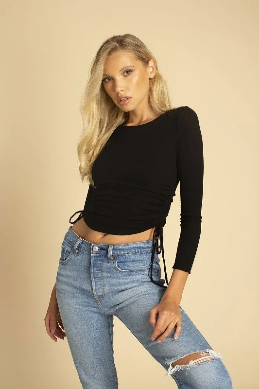 Black Ruched Side Long Sleeve Top