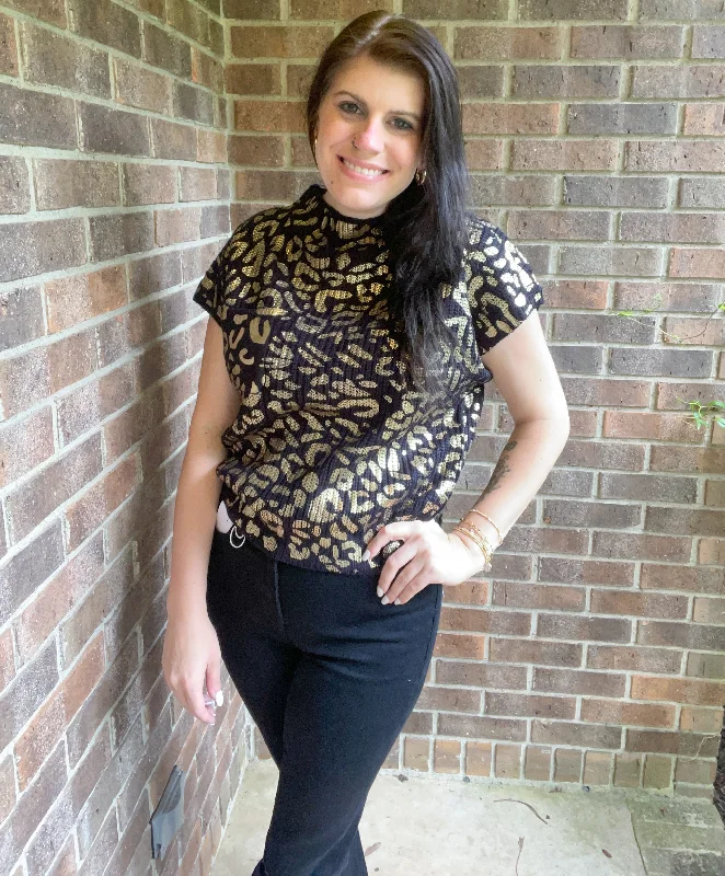 Gold Foil Leopard Mock Neck Top