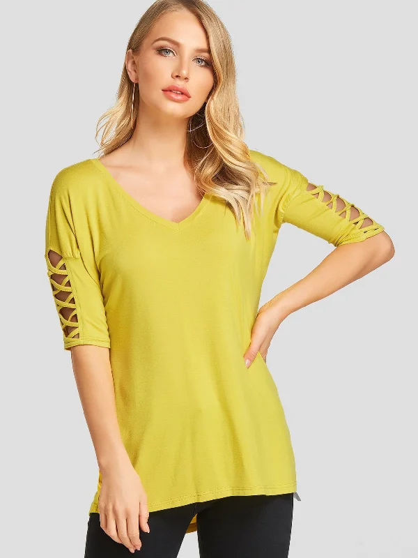 Wholesale V-Neck Hollow Half Sleeve Yellow T-Shirts