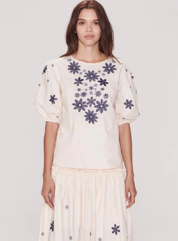 Apartment Clothing Edina Full Sleeve Top in Vanilla/Navy Embroidery - Final Sale