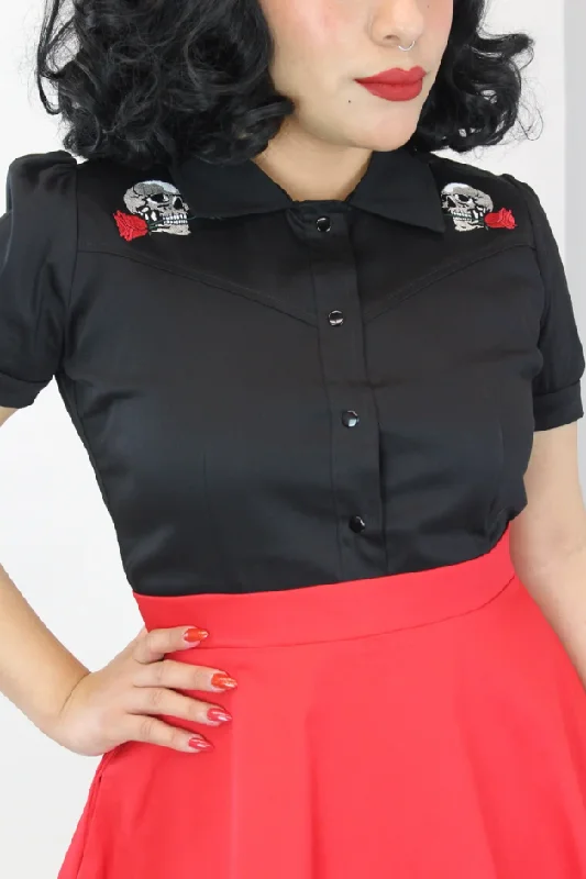 Embroidered Skulls and Roses Black Western Women Top #E-SRBWT