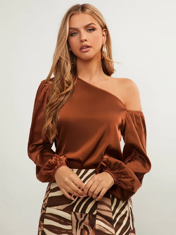 Brown One Shoulder Long Sleeve Blouse | Going Out Outfit