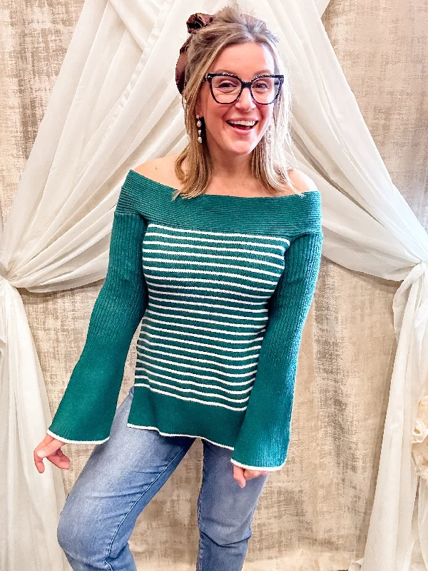 Green and Cream Soft Striped Sweater