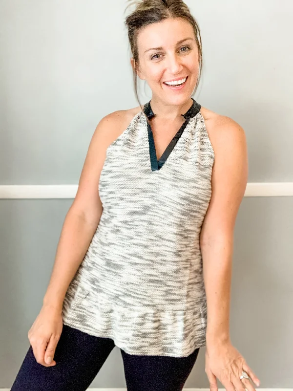 Black and White Textured Tank Top with Faux Leather Detail