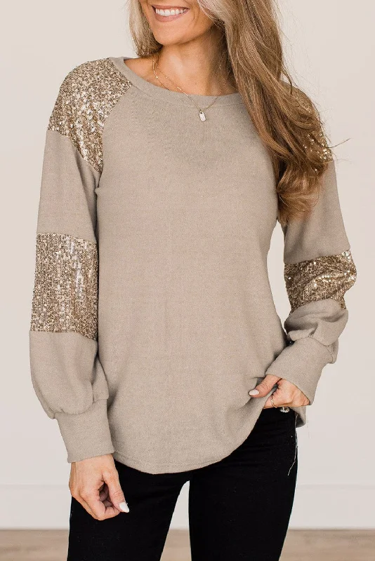 Flaxen Sequin Patched Round Neck Long Sleeve Top