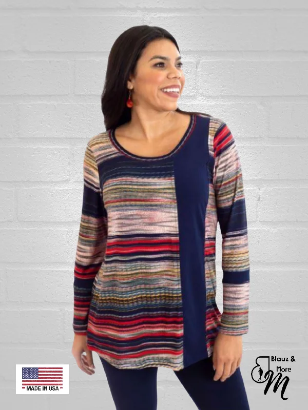 Scoop Neck Long Sleeve Color Print Block Tunic - Regular and Plus Sizes available