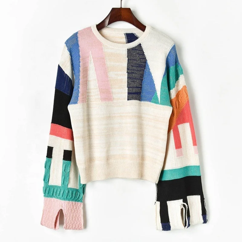 Jumper Women Sweaters Woman For Long V Factory Custom Label New Design Abstract Geometric Color Matching Patchwork Knit Sweater