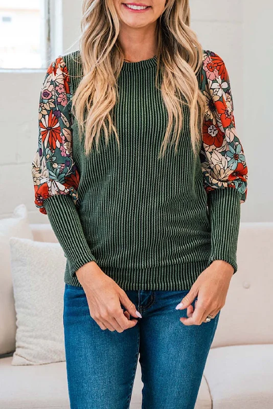 Blackish Green Contrast Floral Sleeve Ribbed Crew Neck Top