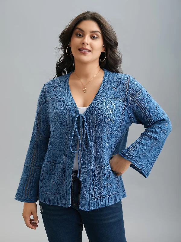 Front-Tie Textured Eyelet Knit Cardigan