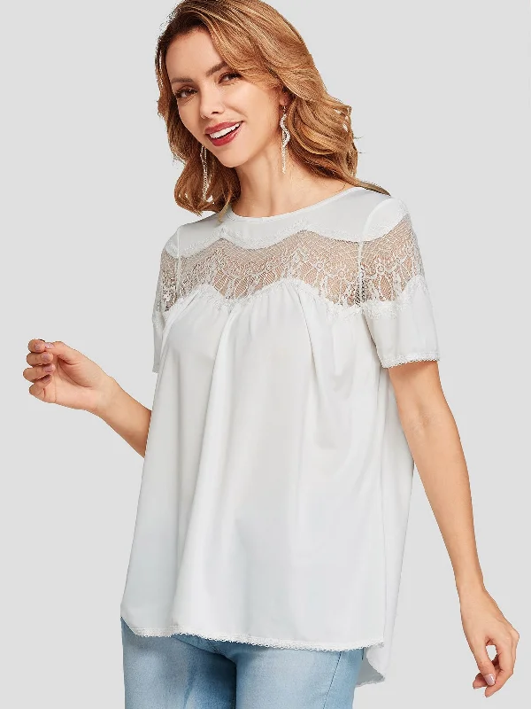 Custom Round Neck Sheer Lace Short Sleeve White T-Shirts