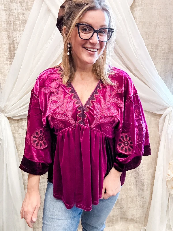 Megenta Embroidered Velvet Peasant Top