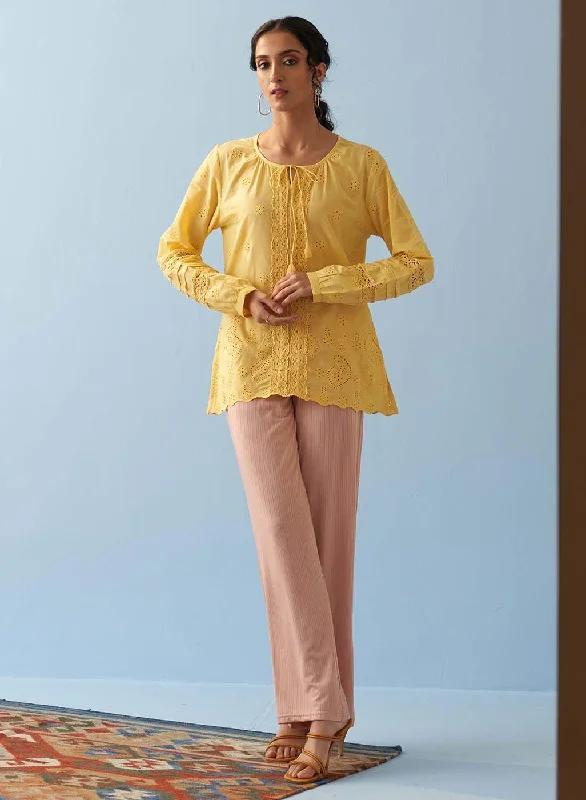 Yellow Schiffli Embroidered Tunic with Lace Insert