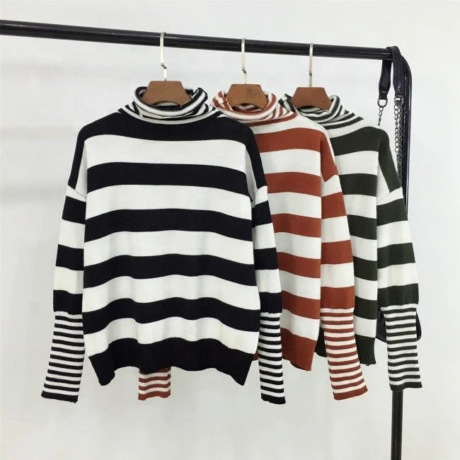 Hot Sale Pink Lady High Neck Batwing Sleeve Stripe Knitted Women Sweater