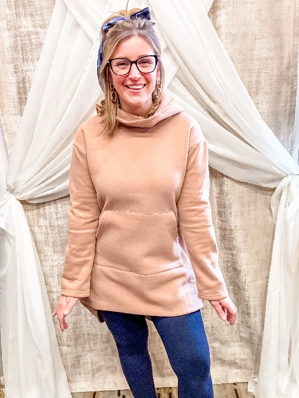 Tan High Neck Hooded Tunic Sweatshirt