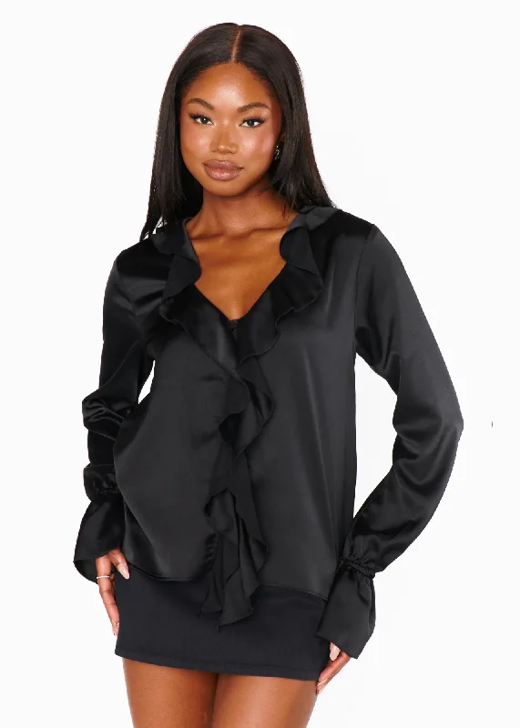 Show Me Your Mumu Adela Ruffle Top - Black Luxe Satin