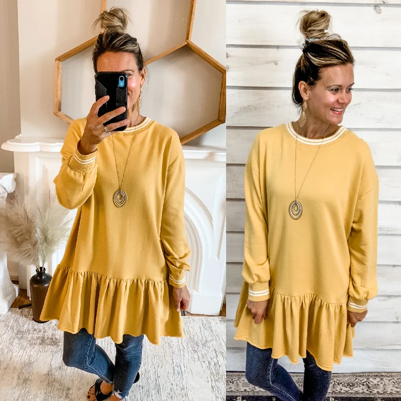 Mustard Tunic with Ruffle Bottom and Contrasting Cuffs