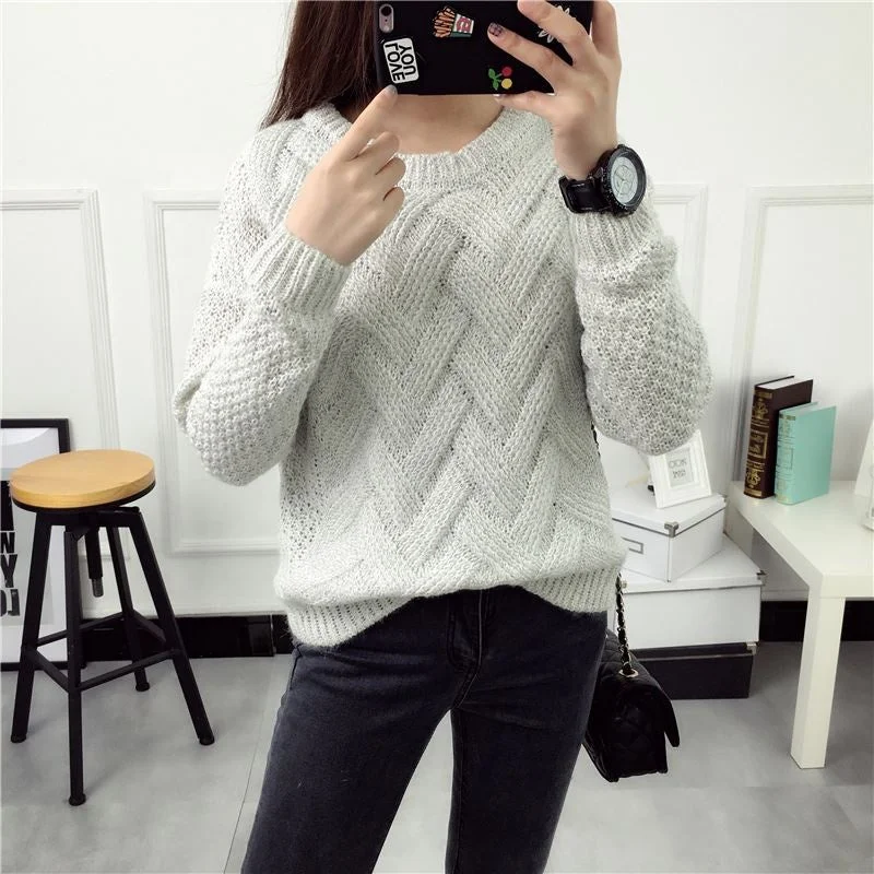 Hot Sale Fashionable Pink Lady Crew Neck Autumn Winter Thick Cable Knitted Cheap Women Sweater