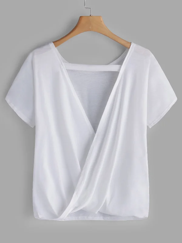 Custom Round Neck Backless Short Sleeve White Tee