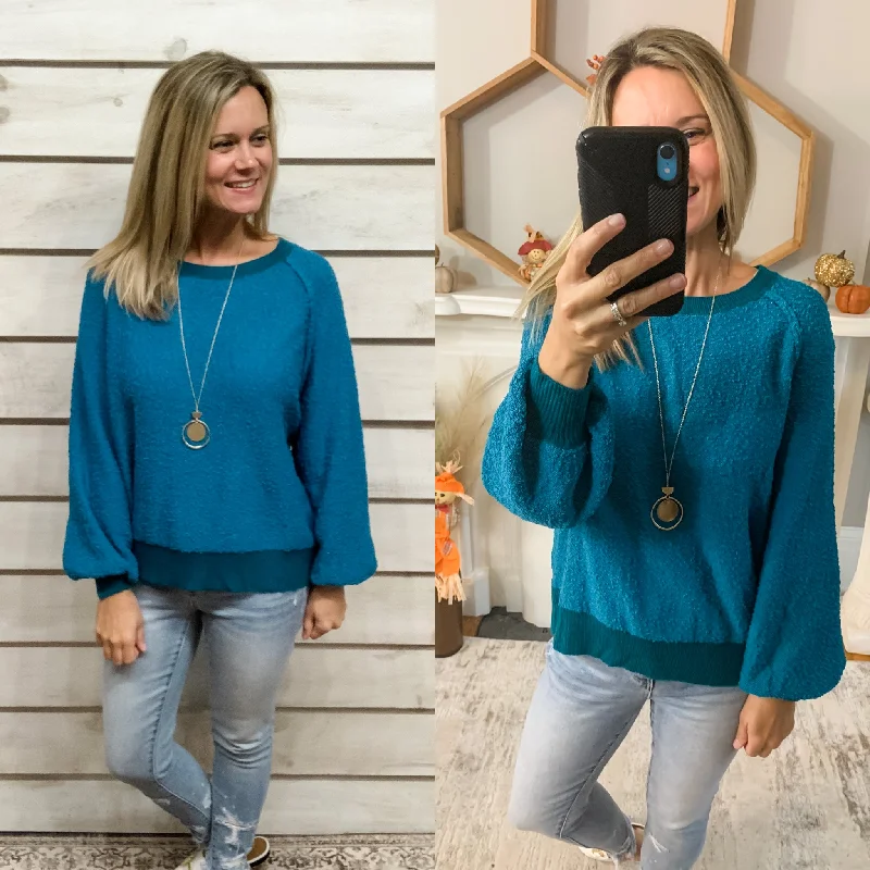 Teal Textured Balloon Sleeve Sweater