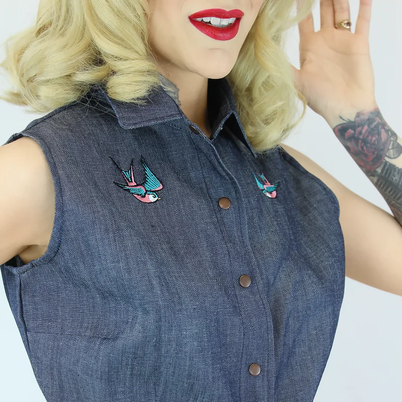 Embroidered Sparrows Sleeveless Denim Knot Top #E-2SDKT