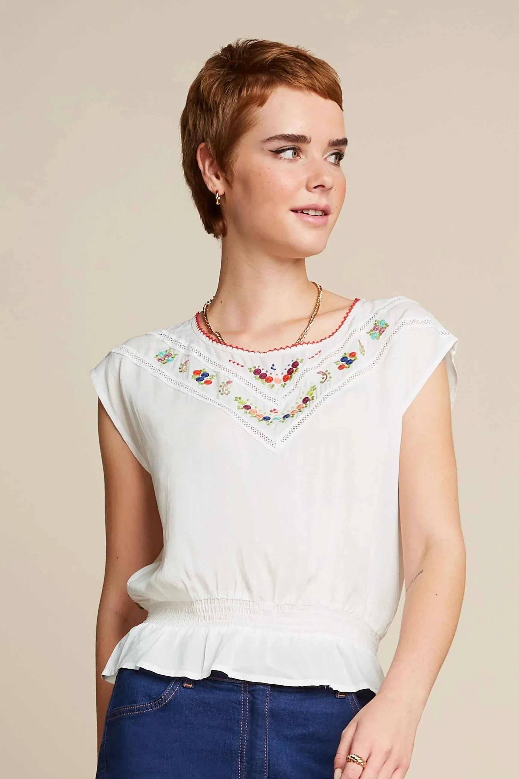 King Louie Selly Top Citrine Embroidery in Cream