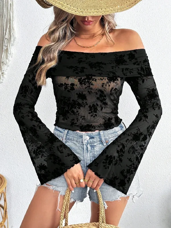 Black Off-Shoulder Flare Sleeve Lace Top | Lace Blouses