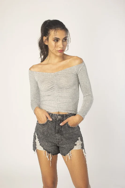 Heather Grey Off-Shoulder Ruched Top