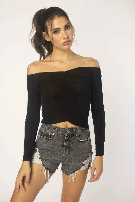 Black Off-Shoulder Ruched Top