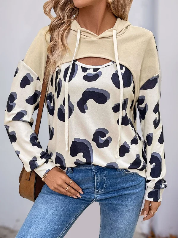 Leopard Print Drawstring Faux Layered Long Sleeve Hoodie