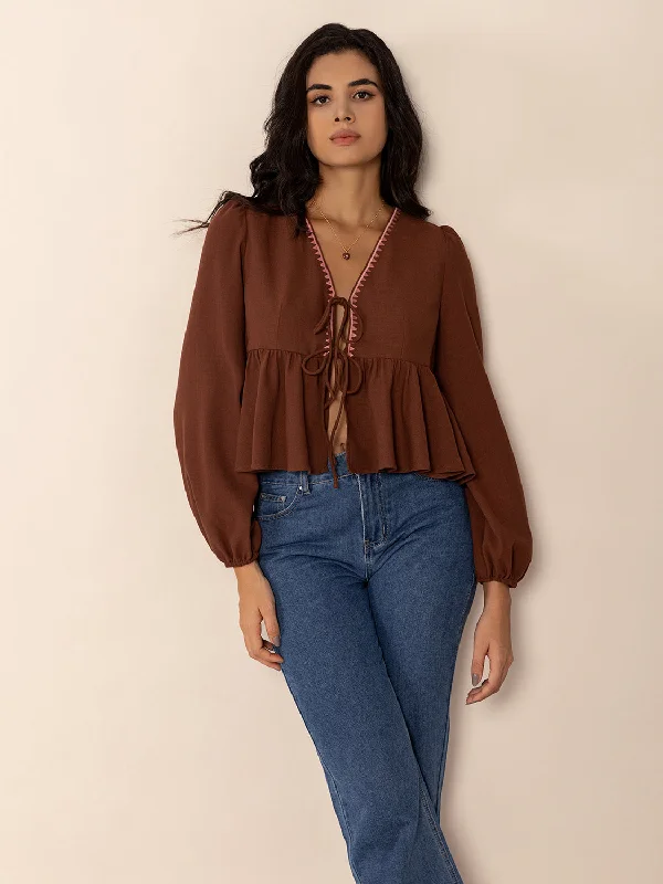 Brown Tied V-Neck Long Sleeve Blouse | Casual Blouses | Western Style