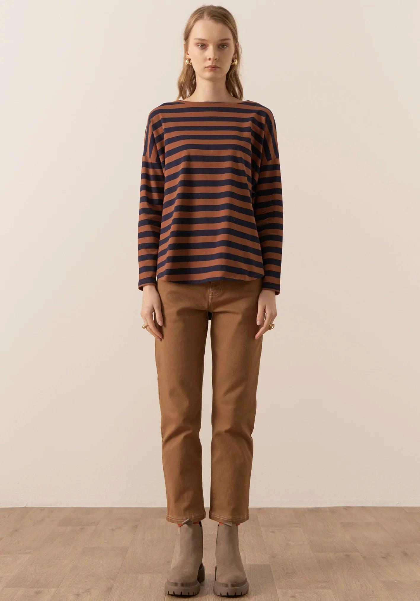 POL Clothing James Striped LS Tee in Toffee/Ink