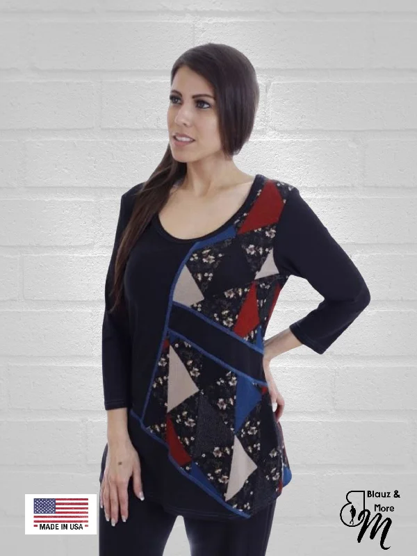 Color Block Plain and Print Combo Scoop Neck 3/4 Sleeve Tunic - Regular and Plus Sizes available