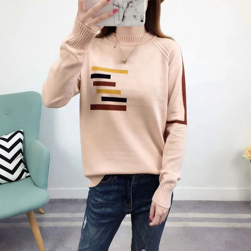 2022 NEW ARRIVAL Korean Style Crew Neck Patchwork Print Stripe Woman Sweater