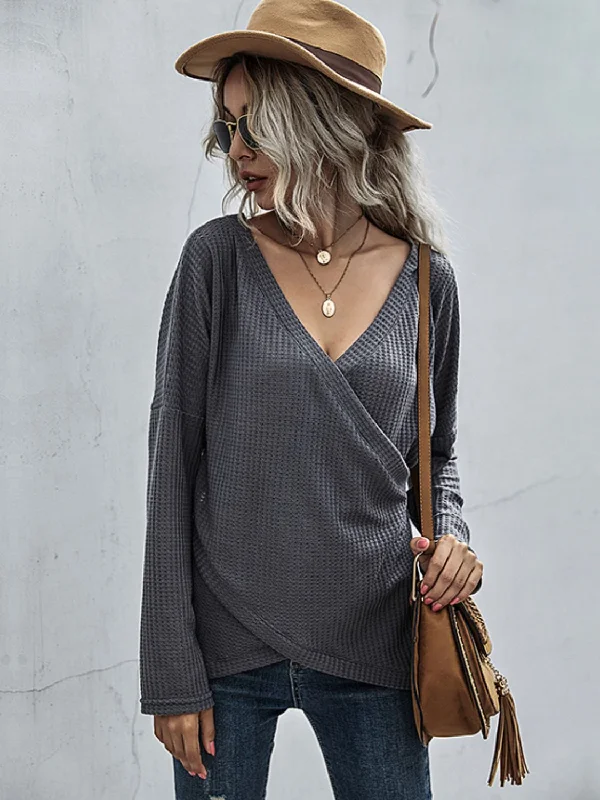 Charcoal Waffle-Knit Surplice Long Sleeve Top | Casual Blouses | Fall Fashion