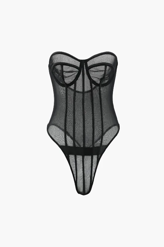 Sheer Mesh Strapless Corset Bodysuit