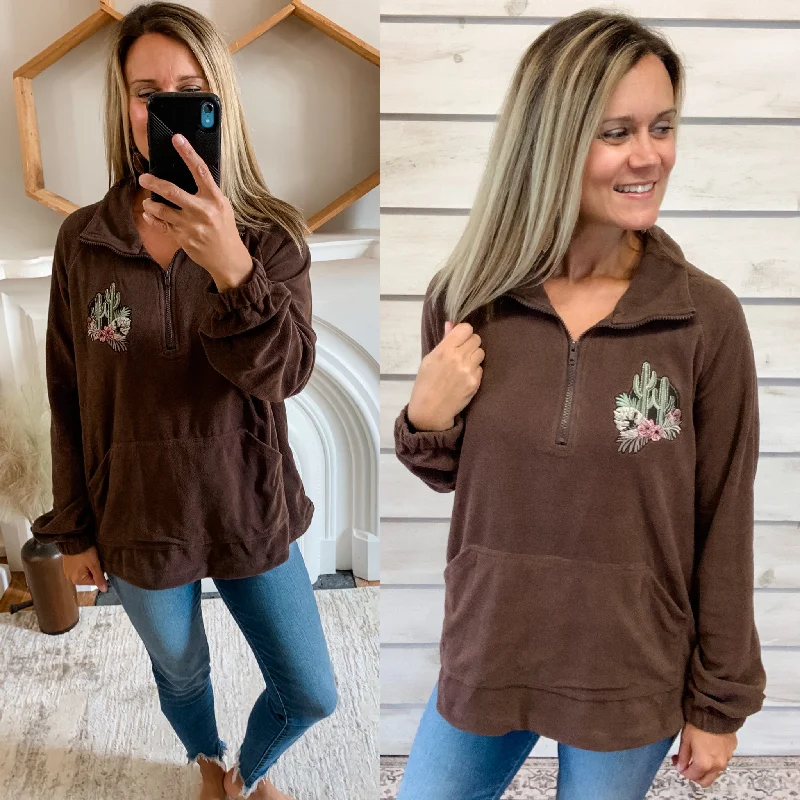 Brown Fleece Quarter Zip with Embroidered Cactus