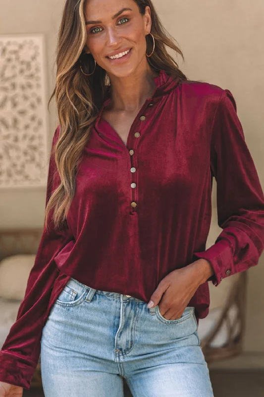 Frill Half Button Mock Neck Long Sleeve Blouse | Christmas Party Blouse | Holiday Outfit