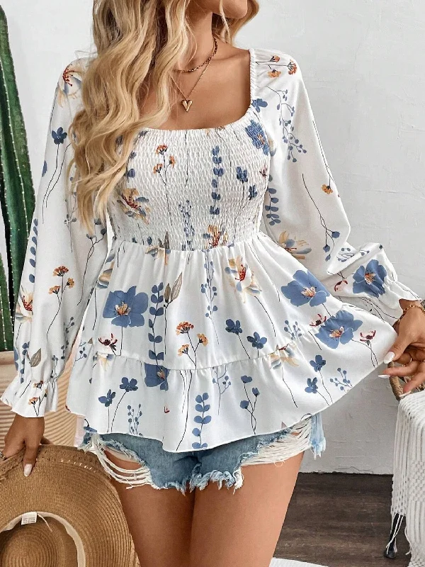 White Smocked Floral Scoop Neck Flounce Sleeve Blouse | Spring Blouses