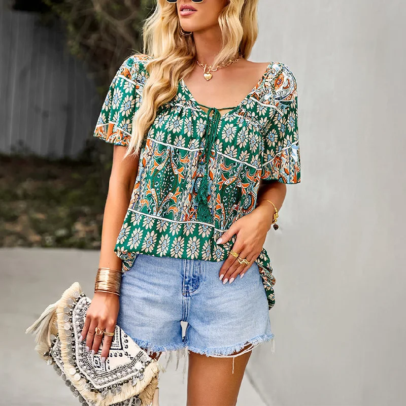 Causal Print V Neck Tops Short Sleeve Lace Up Wholesale Boho Clothing