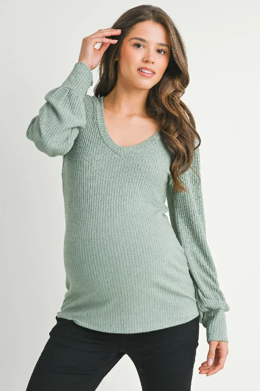 Ribbed Long Sleeve V Neck Maternity Top